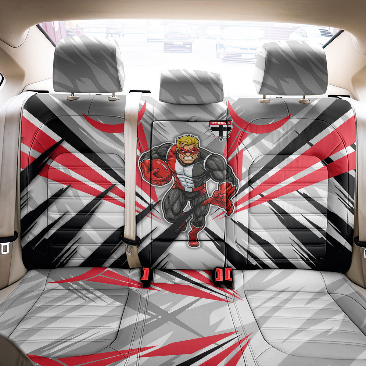 St Kilda Saints Australian Football Back Car Seat Cover Superhero Mascot Graphic - Bold Team Colors