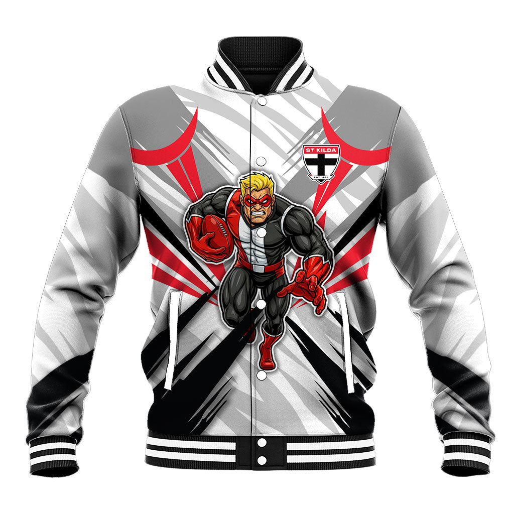 St Kilda Saints Australian Football Baseball Jacket Superhero Mascot Graphic - Bold Team Colors