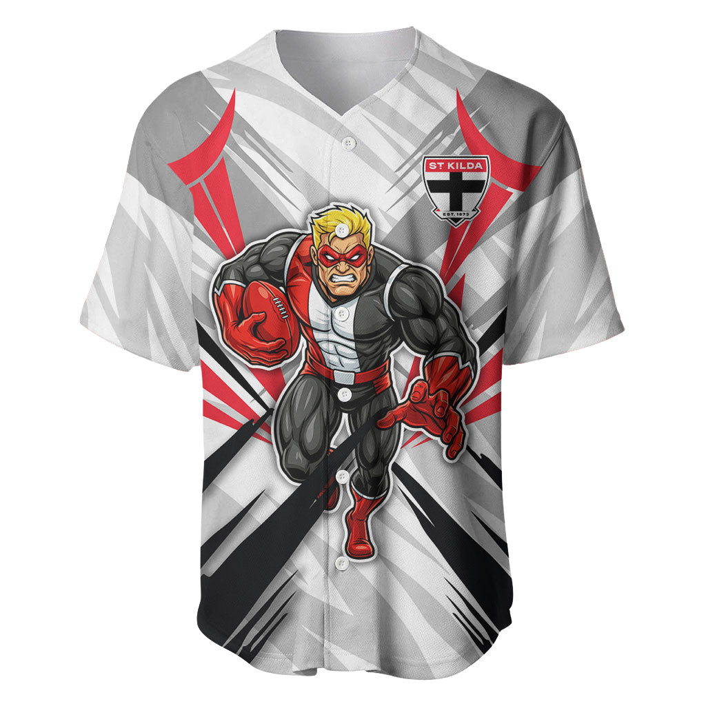 St Kilda Saints Australian Football Baseball Jersey Superhero Mascot Graphic - Bold Team Colors