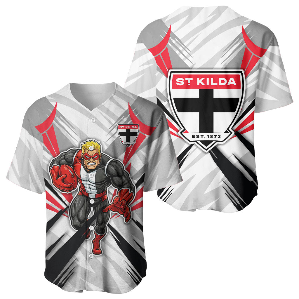 St Kilda Saints Australian Football Baseball Jersey Superhero Mascot Graphic - Bold Team Colors