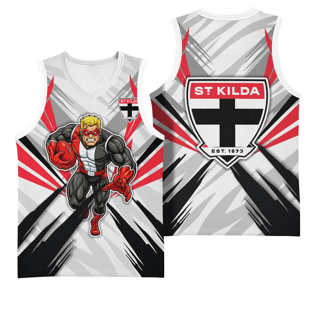 St Kilda Saints Australian Football Basketball Jersey Superhero Mascot Graphic - Bold Team Colors