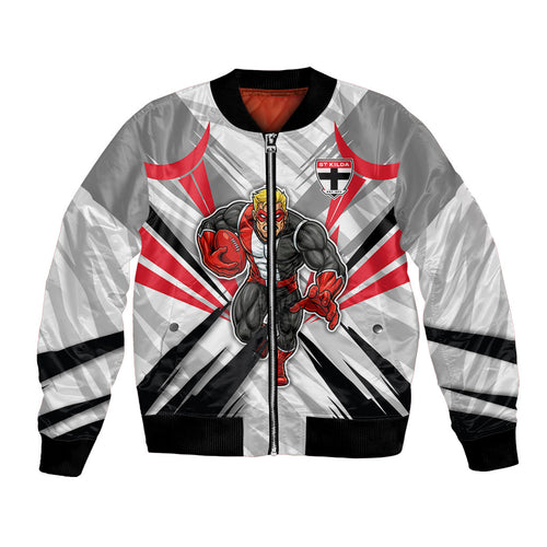 St Kilda Saints Australian Football Bomber Jacket Superhero Mascot Graphic - Bold Team Colors
