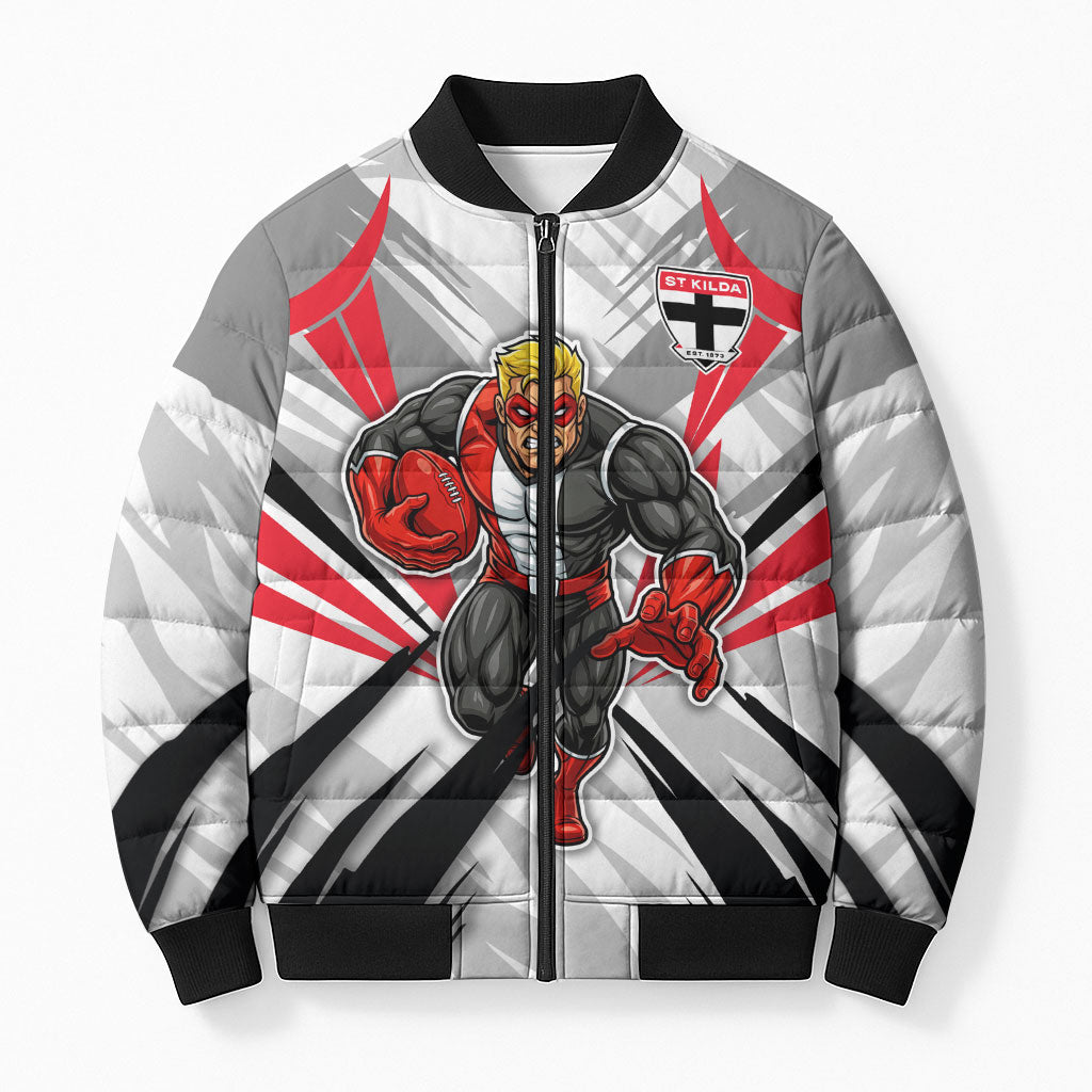 St Kilda Saints Australian Football Bomber Puffer Jacket Superhero Mascot Graphic - Bold Team Colors