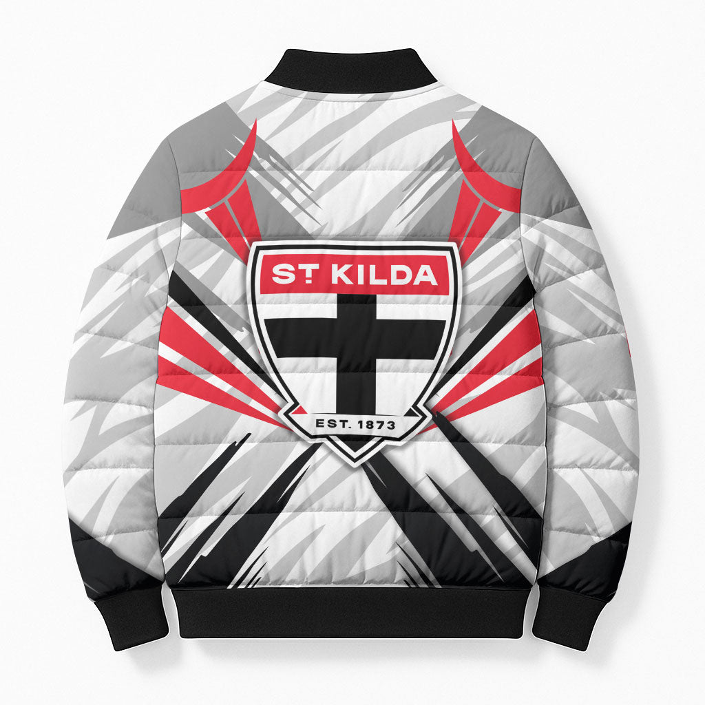 St Kilda Saints Australian Football Bomber Puffer Jacket Superhero Mascot Graphic - Bold Team Colors