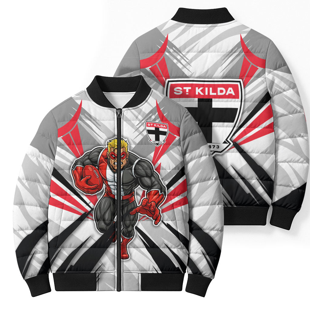 St Kilda Saints Australian Football Bomber Puffer Jacket Superhero Mascot Graphic - Bold Team Colors