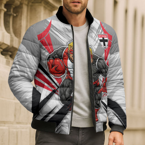St Kilda Saints Australian Football Bomber Puffer Jacket Superhero Mascot Graphic - Bold Team Colors