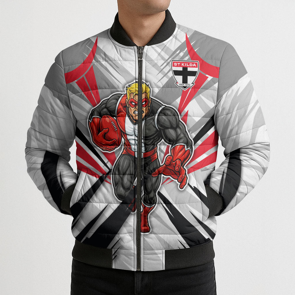 St Kilda Saints Australian Football Bomber Puffer Jacket Superhero Mascot Graphic - Bold Team Colors