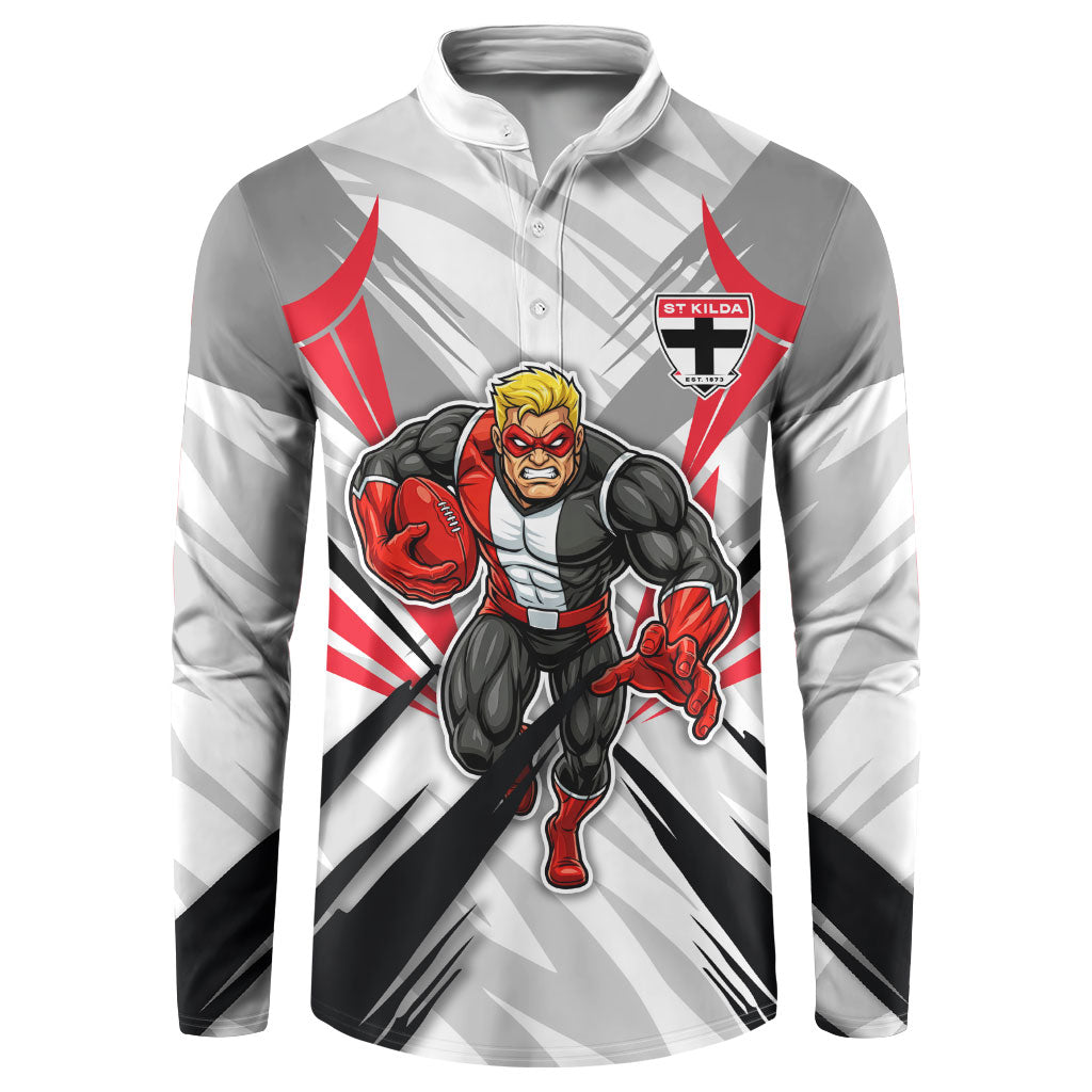 St Kilda Saints Australian Football Button Sweatshirt Superhero Mascot Graphic - Bold Team Colors