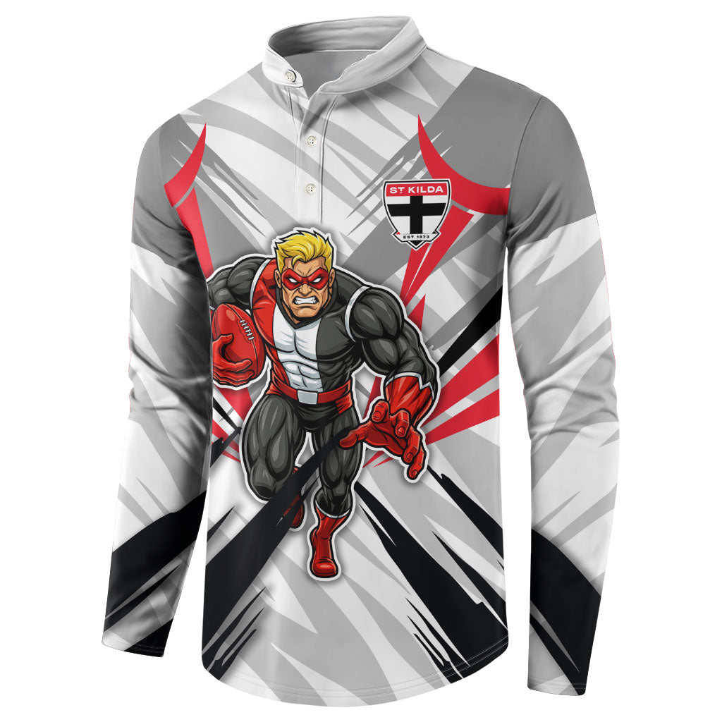 St Kilda Saints Australian Football Button Sweatshirt Superhero Mascot Graphic - Bold Team Colors