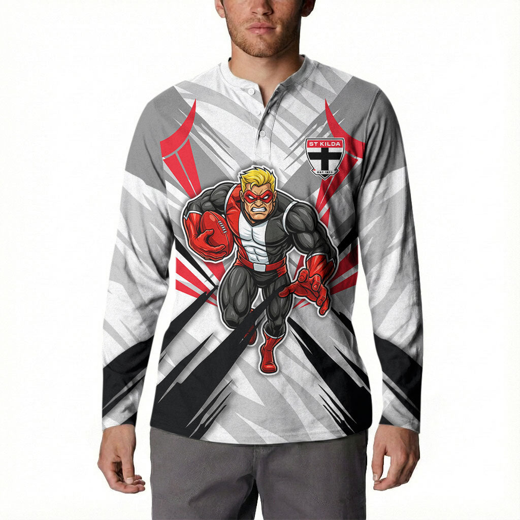 St Kilda Saints Australian Football Button Sweatshirt Superhero Mascot Graphic - Bold Team Colors