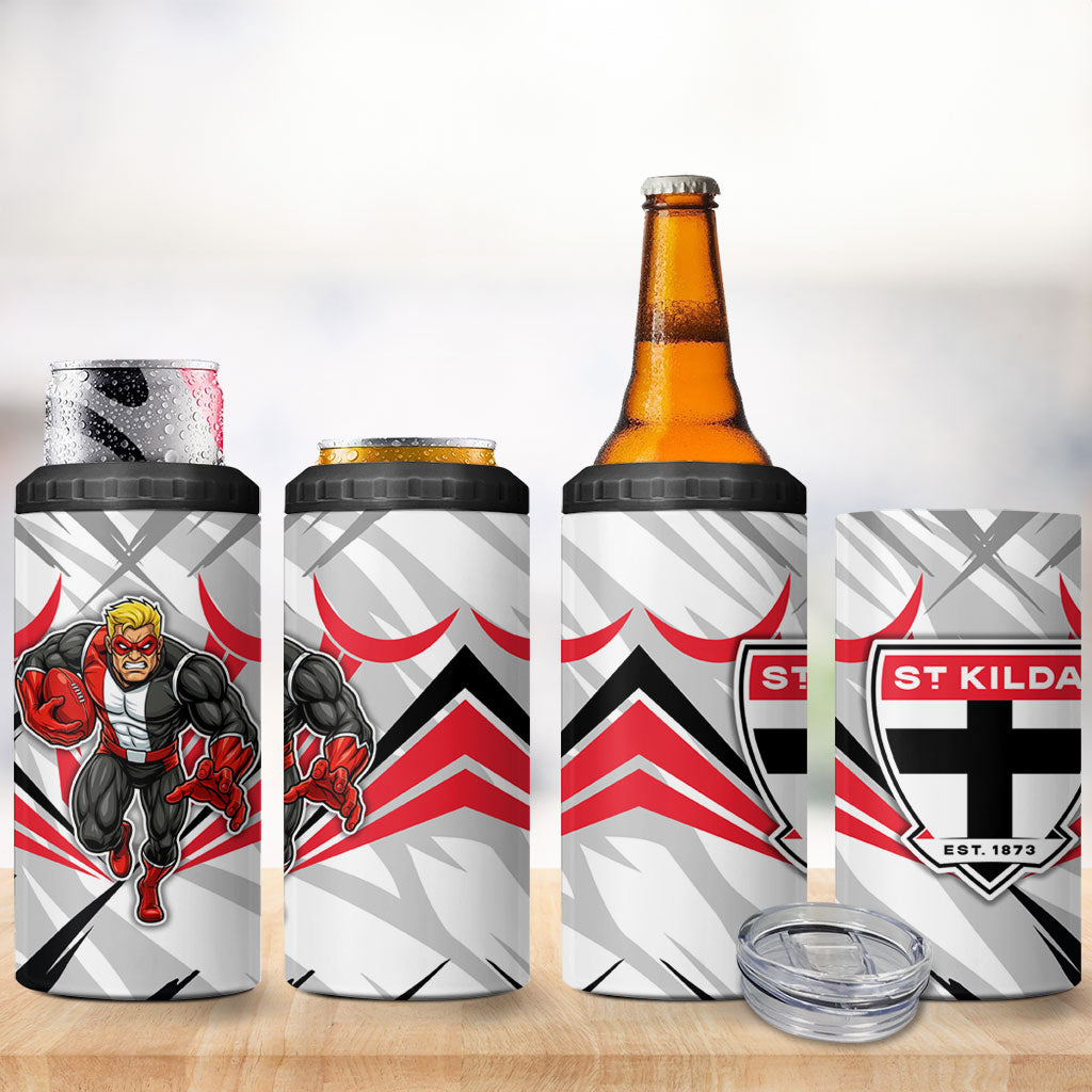St Kilda Saints Australian Football 4 in 1 Can Cooler Tumbler Superhero Mascot Graphic - Bold Team Colors
