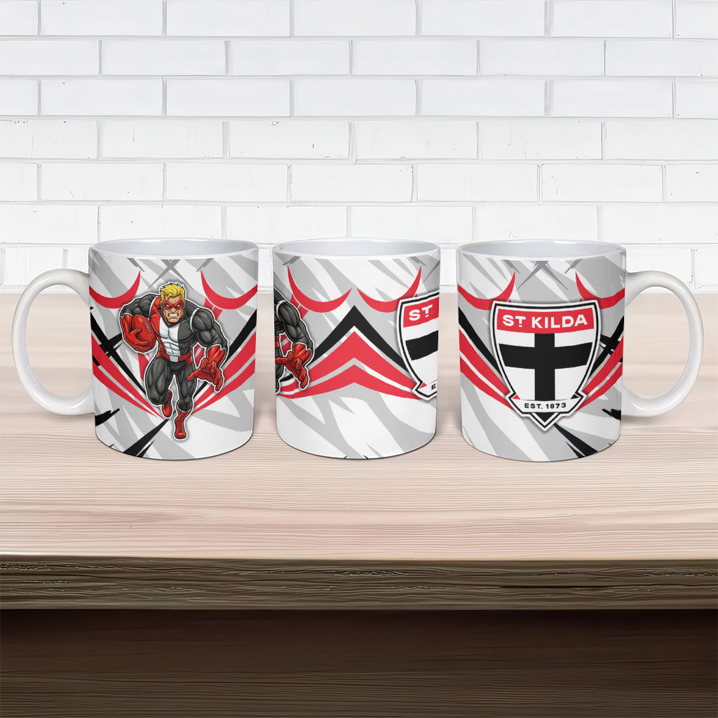 St Kilda Saints Australian Football Ceramic Mug Superhero Mascot Graphic - Bold Team Colors