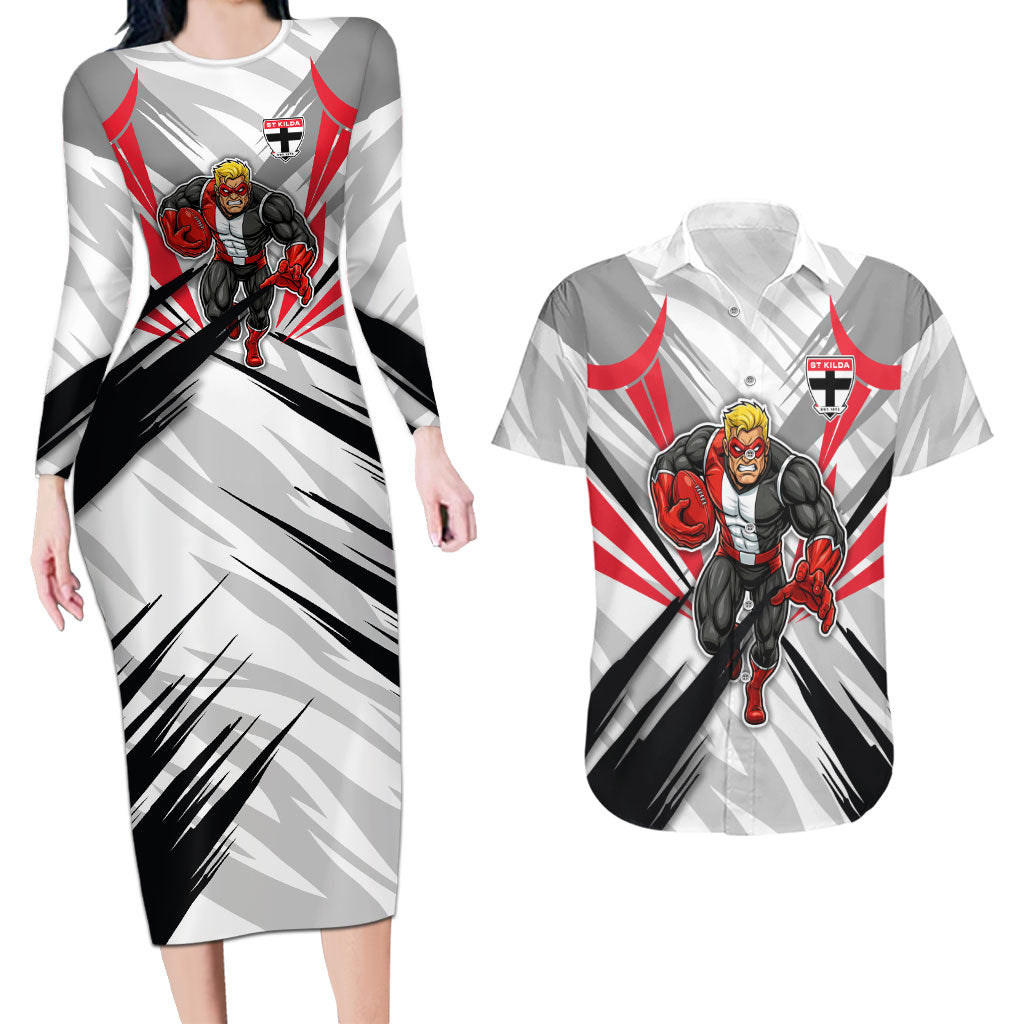 St Kilda Saints Australian Football Couples Matching Long Sleeve Bodycon Dress and Hawaiian Shirt Superhero Mascot Graphic - Bold Team Colors
