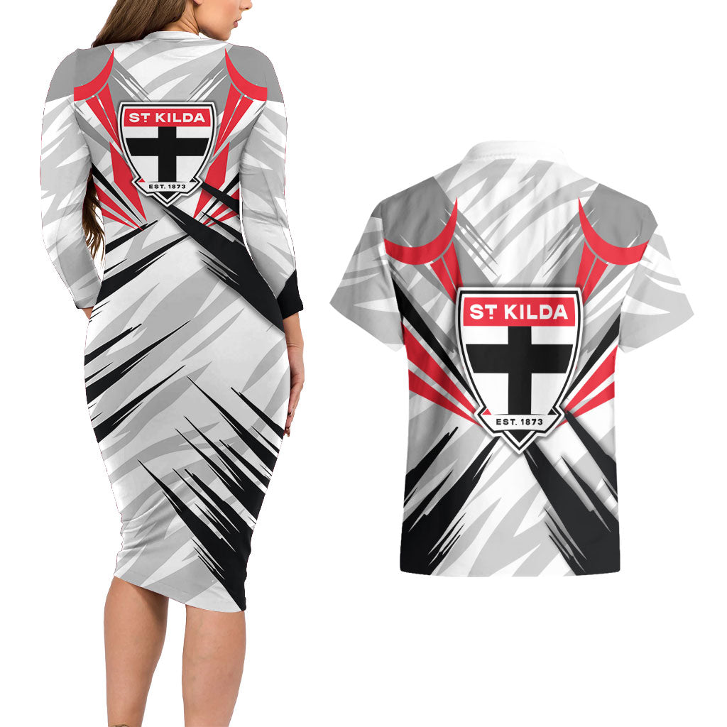 St Kilda Saints Australian Football Couples Matching Long Sleeve Bodycon Dress and Hawaiian Shirt Superhero Mascot Graphic - Bold Team Colors