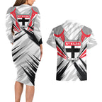 St Kilda Saints Australian Football Couples Matching Long Sleeve Bodycon Dress and Hawaiian Shirt Superhero Mascot Graphic - Bold Team Colors