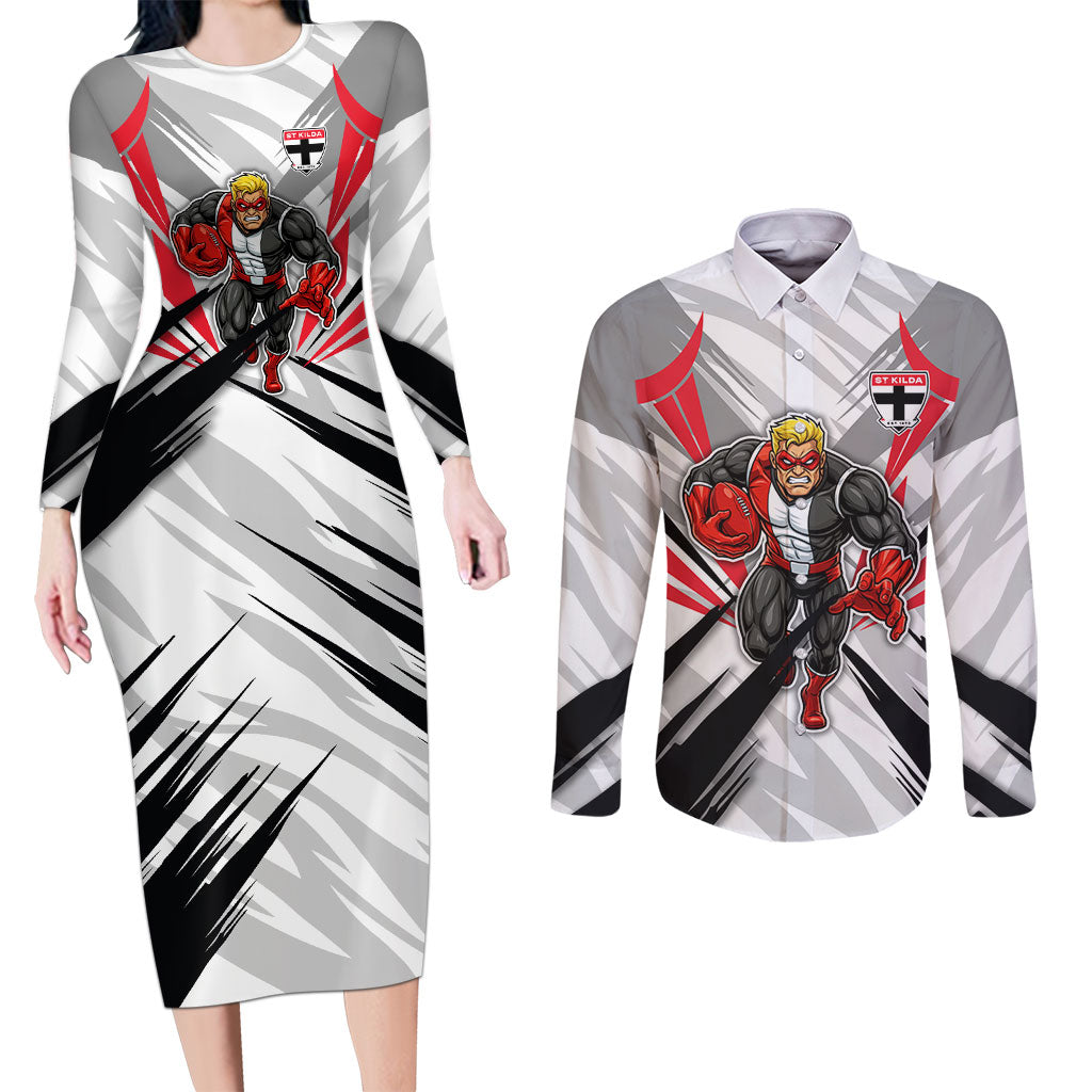 St Kilda Saints Australian Football Couples Matching Long Sleeve Bodycon Dress and Long Sleeve Button Shirt Superhero Mascot Graphic - Bold Team Colors