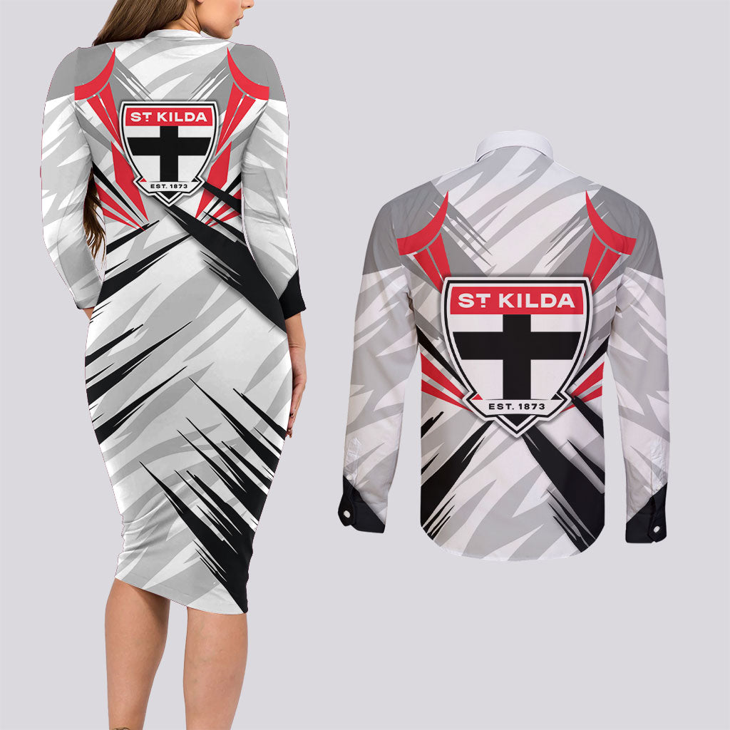St Kilda Saints Australian Football Couples Matching Long Sleeve Bodycon Dress and Long Sleeve Button Shirt Superhero Mascot Graphic - Bold Team Colors