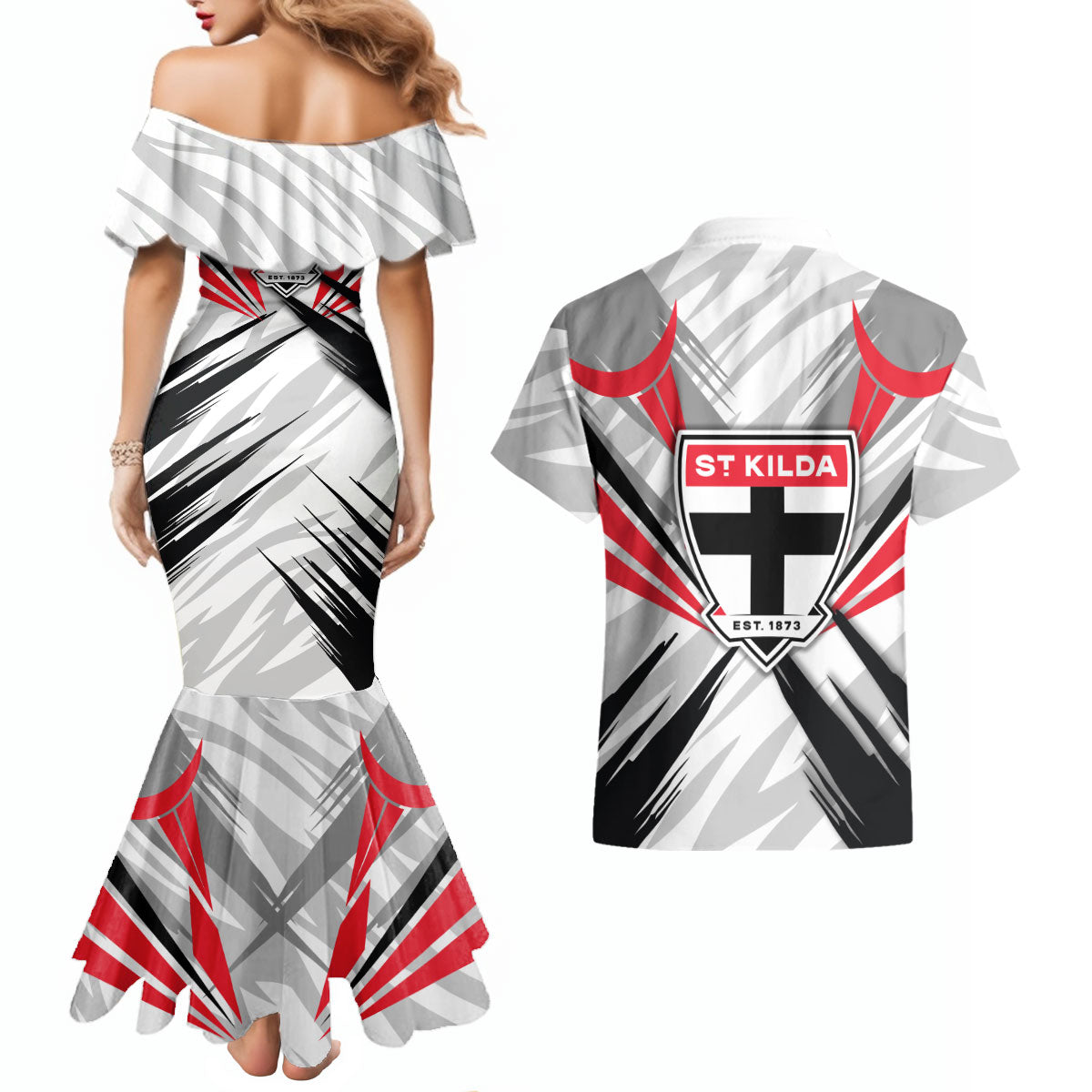 St Kilda Saints Australian Football Couples Matching Mermaid Dress and Hawaiian Shirt Superhero Mascot Graphic - Bold Team Colors