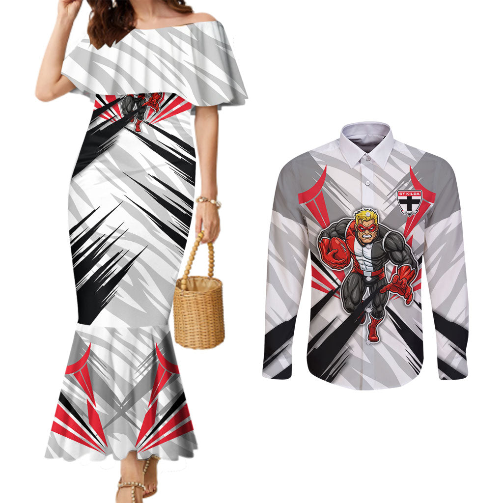 St Kilda Saints Australian Football Couples Matching Mermaid Dress and Long Sleeve Button Shirt Superhero Mascot Graphic - Bold Team Colors