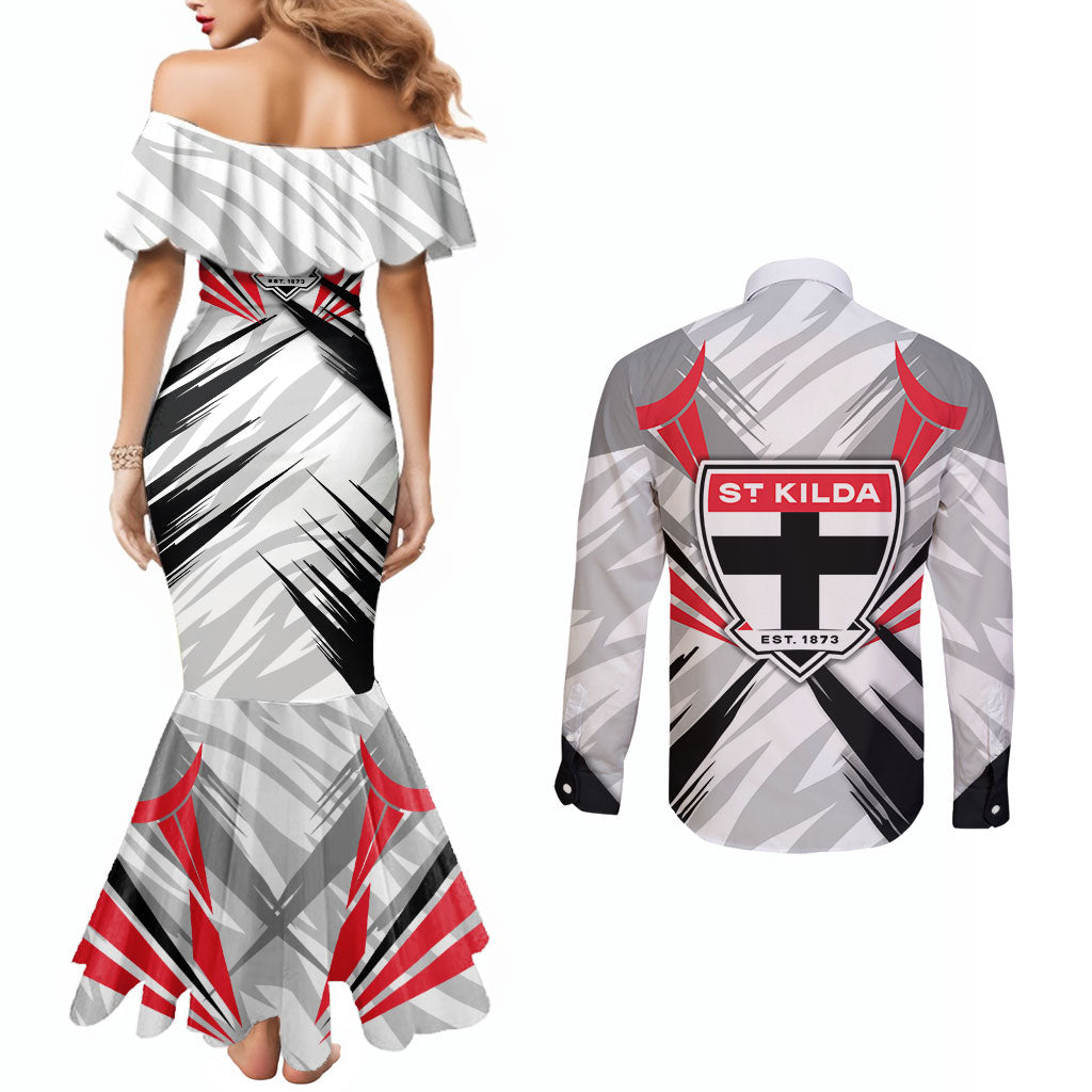 St Kilda Saints Australian Football Couples Matching Mermaid Dress and Long Sleeve Button Shirt Superhero Mascot Graphic - Bold Team Colors