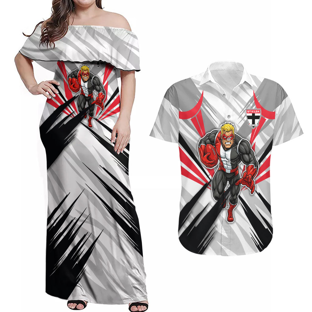 St Kilda Saints Australian Football Couples Matching Off Shoulder Maxi Dress and Hawaiian Shirt Superhero Mascot Graphic - Bold Team Colors