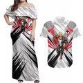 St Kilda Saints Australian Football Couples Matching Off Shoulder Maxi Dress and Hawaiian Shirt Superhero Mascot Graphic - Bold Team Colors
