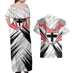 St Kilda Saints Australian Football Couples Matching Off Shoulder Maxi Dress and Hawaiian Shirt Superhero Mascot Graphic - Bold Team Colors