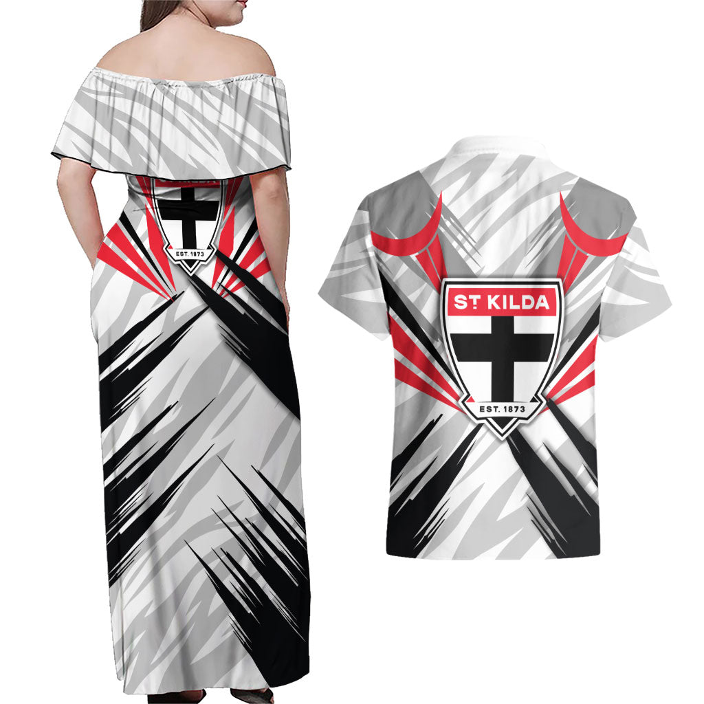 St Kilda Saints Australian Football Couples Matching Off Shoulder Maxi Dress and Hawaiian Shirt Superhero Mascot Graphic - Bold Team Colors