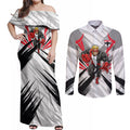 St Kilda Saints Australian Football Couples Matching Off Shoulder Maxi Dress and Long Sleeve Button Shirt Superhero Mascot Graphic - Bold Team Colors