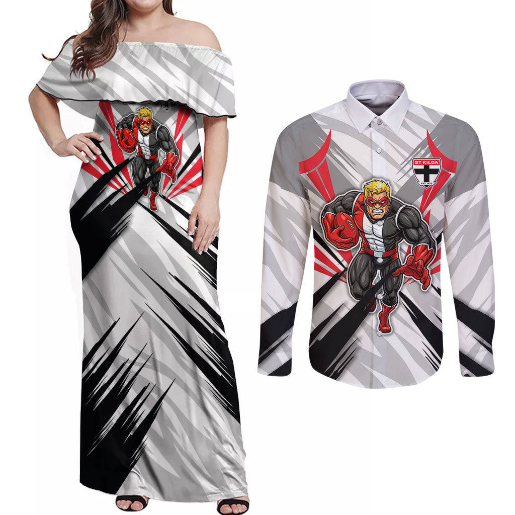 St Kilda Saints Australian Football Couples Matching Off Shoulder Maxi Dress and Long Sleeve Button Shirt Superhero Mascot Graphic - Bold Team Colors
