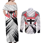 St Kilda Saints Australian Football Couples Matching Off Shoulder Maxi Dress and Long Sleeve Button Shirt Superhero Mascot Graphic - Bold Team Colors
