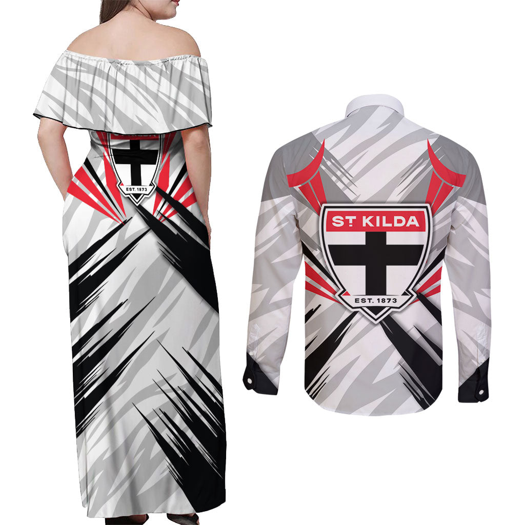 St Kilda Saints Australian Football Couples Matching Off Shoulder Maxi Dress and Long Sleeve Button Shirt Superhero Mascot Graphic - Bold Team Colors