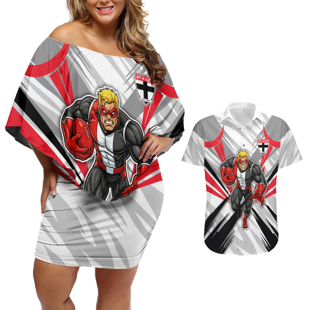 St Kilda Saints Australian Football Couples Matching Off Shoulder Short Dress and Hawaiian Shirt Superhero Mascot Graphic - Bold Team Colors