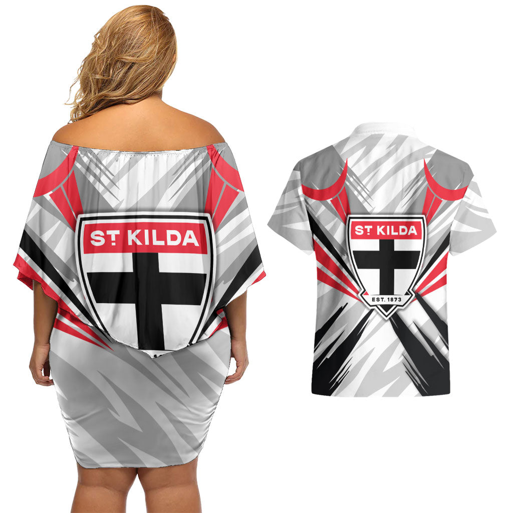 St Kilda Saints Australian Football Couples Matching Off Shoulder Short Dress and Hawaiian Shirt Superhero Mascot Graphic - Bold Team Colors