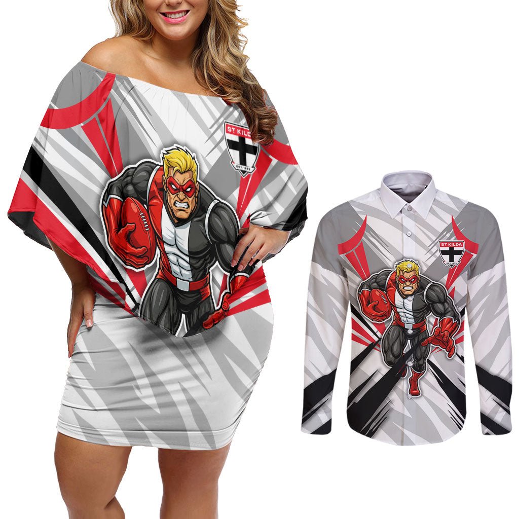 St Kilda Saints Australian Football Couples Matching Off Shoulder Short Dress and Long Sleeve Button Shirt Superhero Mascot Graphic - Bold Team Colors