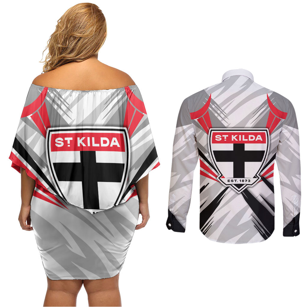 St Kilda Saints Australian Football Couples Matching Off Shoulder Short Dress and Long Sleeve Button Shirt Superhero Mascot Graphic - Bold Team Colors