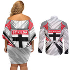 St Kilda Saints Australian Football Couples Matching Off Shoulder Short Dress and Long Sleeve Button Shirt Superhero Mascot Graphic - Bold Team Colors