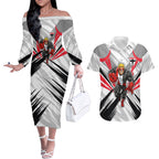 St Kilda Saints Australian Football Couples Matching Off The Shoulder Long Sleeve Dress and Hawaiian Shirt Superhero Mascot Graphic - Bold Team Colors