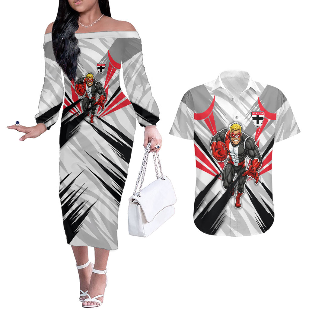 St Kilda Saints Australian Football Couples Matching Off The Shoulder Long Sleeve Dress and Hawaiian Shirt Superhero Mascot Graphic - Bold Team Colors