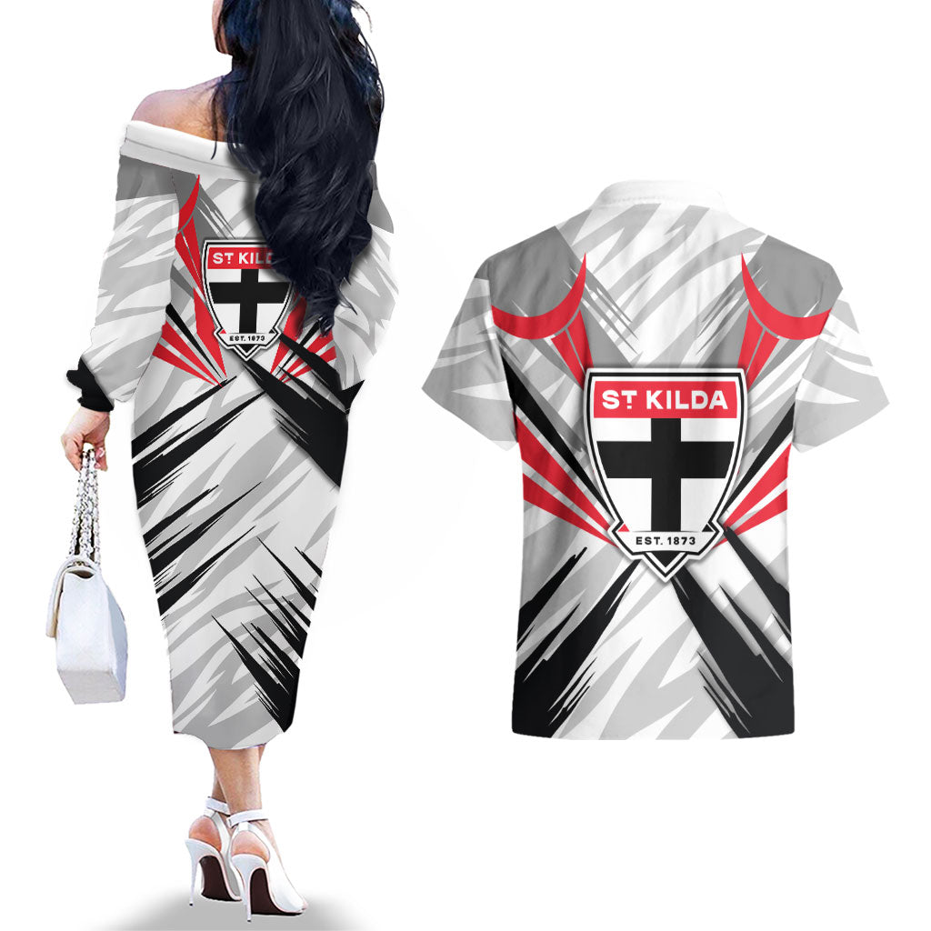 St Kilda Saints Australian Football Couples Matching Off The Shoulder Long Sleeve Dress and Hawaiian Shirt Superhero Mascot Graphic - Bold Team Colors