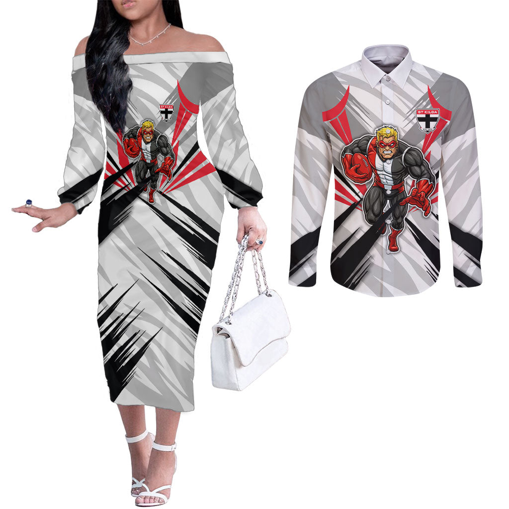 St Kilda Saints Australian Football Couples Matching Off The Shoulder Long Sleeve Dress and Long Sleeve Button Shirt Superhero Mascot Graphic - Bold Team Colors