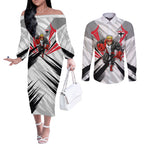 St Kilda Saints Australian Football Couples Matching Off The Shoulder Long Sleeve Dress and Long Sleeve Button Shirt Superhero Mascot Graphic - Bold Team Colors