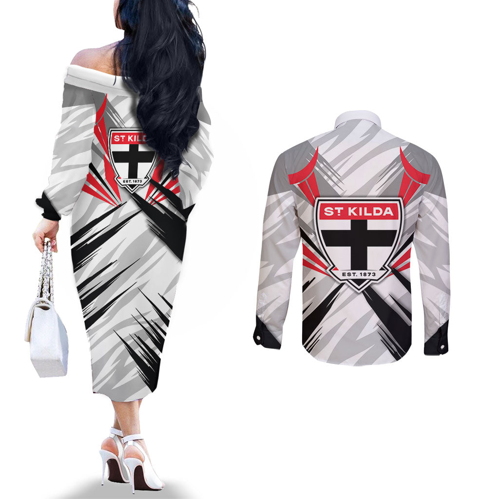 St Kilda Saints Australian Football Couples Matching Off The Shoulder Long Sleeve Dress and Long Sleeve Button Shirt Superhero Mascot Graphic - Bold Team Colors