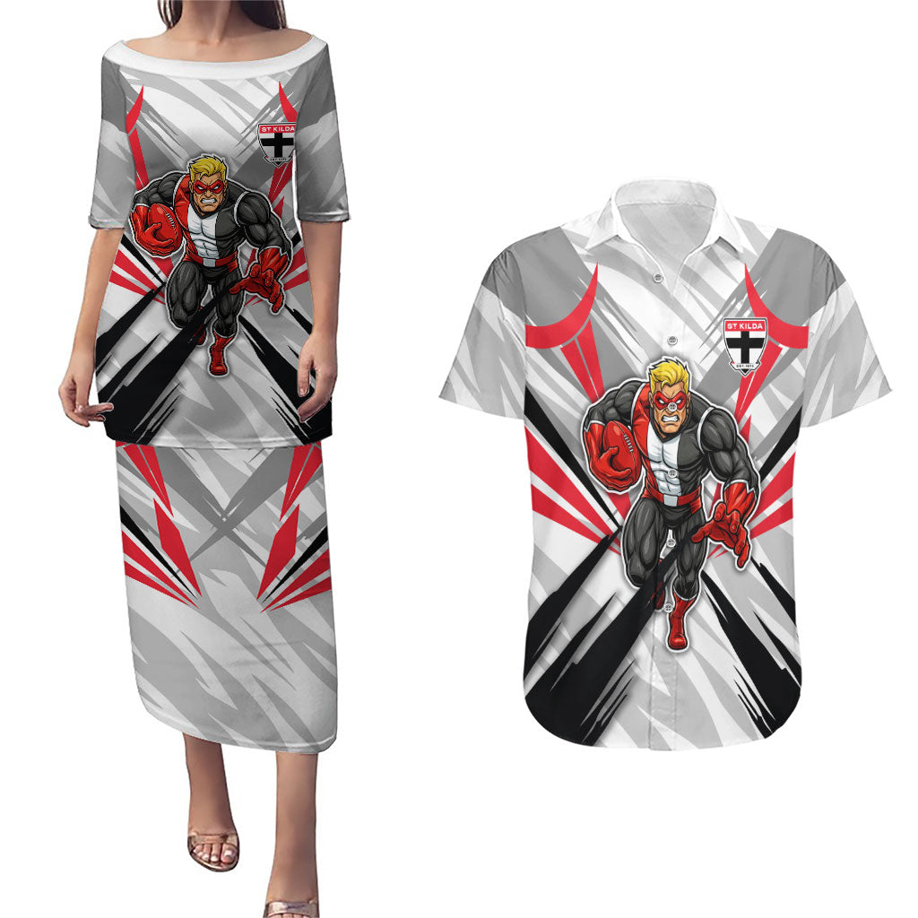 St Kilda Saints Australian Football Couples Matching Puletasi and Hawaiian Shirt Superhero Mascot Graphic - Bold Team Colors