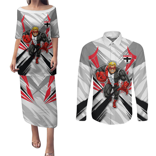 St Kilda Saints Australian Football Couples Matching Puletasi and Long Sleeve Button Shirt Superhero Mascot Graphic - Bold Team Colors