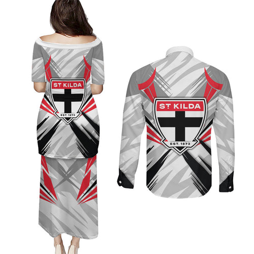 St Kilda Saints Australian Football Couples Matching Puletasi and Long Sleeve Button Shirt Superhero Mascot Graphic - Bold Team Colors