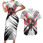 St Kilda Saints Australian Football Couples Matching Short Sleeve Bodycon Dress and Hawaiian Shirt Superhero Mascot Graphic - Bold Team Colors