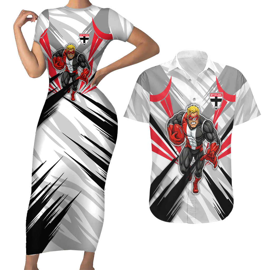 St Kilda Saints Australian Football Couples Matching Short Sleeve Bodycon Dress and Hawaiian Shirt Superhero Mascot Graphic - Bold Team Colors