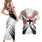 St Kilda Saints Australian Football Couples Matching Short Sleeve Bodycon Dress and Hawaiian Shirt Superhero Mascot Graphic - Bold Team Colors