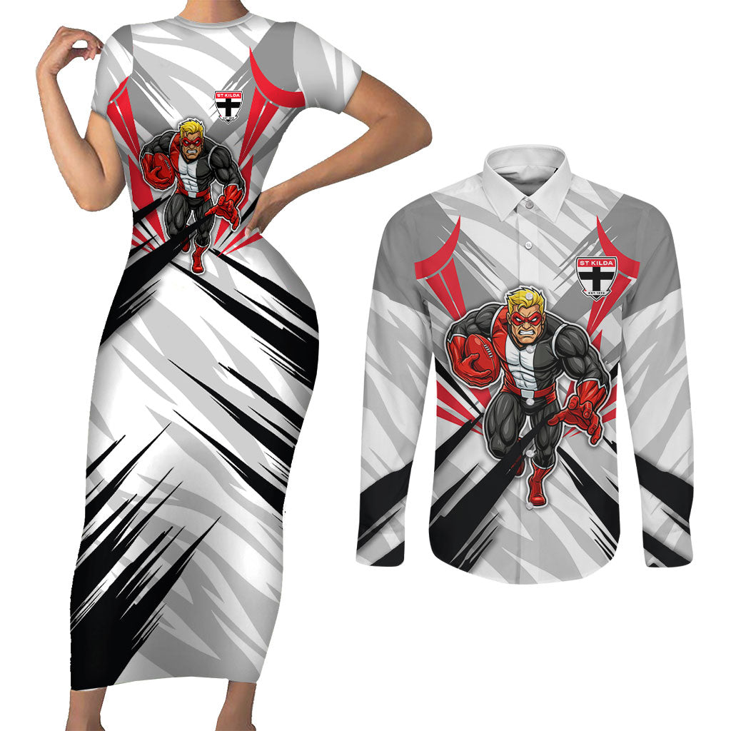 St Kilda Saints Australian Football Couples Matching Short Sleeve Bodycon Dress and Long Sleeve Button Shirt Superhero Mascot Graphic - Bold Team Colors
